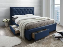 Vente-unique Cama Terciopelo|Cama con cajones en terciopelo azul 160 x 200 cm + colchón LEOPOLD