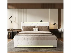 Cama con canapé con LED RGB y puertos USB-C/USB – 160x200 cm – Tejido – Cabecero ajustable – Gran capacidad de almacenaje Beige Sale