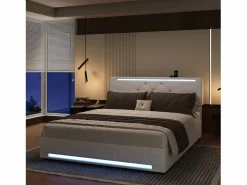 Cama con canapé con LED RGB y puertos USB-C/USB – 160x200 cm – Tejido – Cabecero ajustable – Gran capacidad de almacenaje Beige Sale