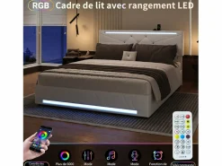 Cama con canapé con LED RGB y puertos USB-C/USB – 160x200 cm – Tejido – Cabecero ajustable – Gran capacidad de almacenaje Beige Sale