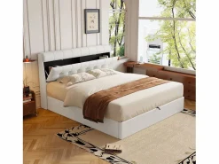 Merax Cama con canapé de 140 x 190 cm con cabecero de almacenaje - LED - Piel sintética - (sin colchón) Blanco Hot