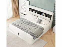 Merax Cama con canapé de 140 x 190 cm con cabecero de almacenaje - LED - Piel sintética - (sin colchón) Blanco Hot