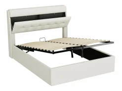 Merax Cama con canapé de 140 x 190 cm con cabecero de almacenaje - LED - Piel sintética - (sin colchón) Blanco Hot