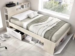 Vente-unique Cama con canapé 120x190 cm en color natural y blanco + somier + colchón - LEANDRE Color natural claro / Blanco Outlet