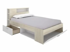 Vente-unique Cama con canapé 120x190 cm en color natural y blanco + somier + colchón - LEANDRE Color natural claro / Blanco Outlet