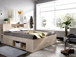 Cama con compartimentos 140 x 190 cm color natural + somier + colchón - LEANDRE^Vente-unique Outlet