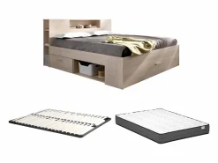 Cama con compartimentos 140 x 190 cm color natural + somier + colchón - LEANDRE^Vente-unique Outlet