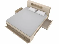 Cama con compartimentos 140 x 190 cm color natural + somier + colchón - LEANDRE^Vente-unique Outlet