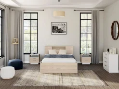 Cama con compartimentos 140 x 190 cm color natural + somier + colchón - LEANDRE^Vente-unique Outlet