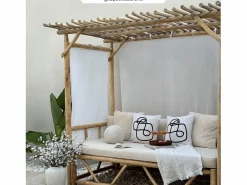 Rendez-Vous Déco Cama con dosel de exterior en rama de teca y lona - Tika Blanco Best