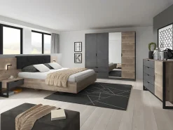 Vente-unique Cama Con Almacenaje|Cama Adulto|Cama con mesas de noche 160 x 200 cm con LEDs en natural y antracita + somier - LAONILE