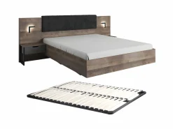 Vente-unique Cama Con Almacenaje|Cama Adulto|Cama con mesas de noche 160 x 200 cm con LEDs en natural y antracita + somier - LAONILE