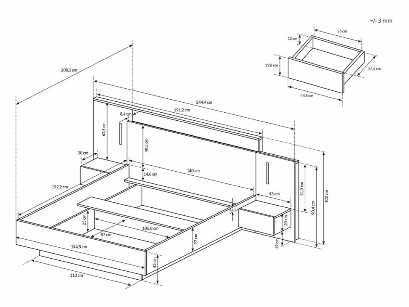 Cama con mesitas de noche con 2 cajones 140 x 190 cm con LEDs natural y antracita - FRANCOLI^Vente-unique