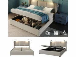 Merax Cama Con Canapé|Cama contenedor 140 x 200 cm con cabecero - tela de lino - USB + lámpara de lectura -