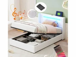 Merax Cama contenedor 90 x 200 cm con cabecero - LED, reproductor Bluetooth y toma USB - Cuero PU - Blanco Discount