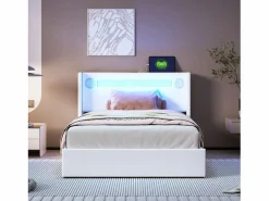 Merax Cama contenedor 90 x 200 cm con cabecero - LED, reproductor Bluetooth y toma USB - Cuero PU - Blanco Discount