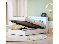 Merax Cama contenedor 90 x 200 cm con cabecero - LED, reproductor Bluetooth y toma USB - Cuero PU - Blanco Discount