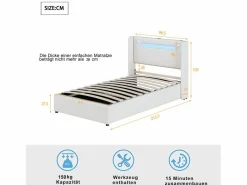 Merax Cama contenedor 90 x 200 cm con cabecero - LED, reproductor Bluetooth y toma USB - Cuero PU - Blanco Discount