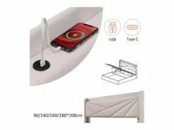 ModernLuxe Cama Con Canapé|Cama Con Almacenaje|Cama contenedor de tela de lino 160x200 cm - con puerto USB y somier -
