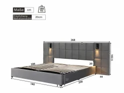 ModernLuxe Cama contenedor de terciopelo - 180x200cm - con LED y puerto de carga - (mesita de noche no incluida) Gris