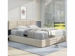 ModernLuxe Cama contenedor de terciopelo con somier de láminas + cabecero ajustable - 140x190cm - Beige Online