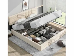 ModernLuxe Cama contenedor de terciopelo con somier de láminas + cabecero ajustable - 160x200cm - Beige Hot