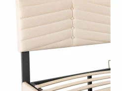 ModernLuxe Cama contenedor de terciopelo con somier de láminas + cabecero ajustable - 160x200cm - Beige Hot