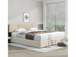 ModernLuxe Cama contenedor de terciopelo con somier de láminas + cabecero ajustable - 160x200cm - Beige Hot