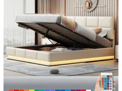 ModernLuxe Cama contenedor tapizada 180x200 cm con iluminación LED - en símil piel - Beige Online