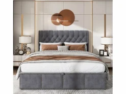Cama contenedor tapizada en terciopelo - decorada con remaches - con somier de láminas - 140x190cm -^ModernLuxe Online
