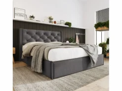 Merax Cama Con Canapé|Cama Con Almacenaje|Cama contenedor 140x200 cm acolchada de algodón, somier incluido, oscuro