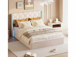 Cama de 140 x 190 cm - cama doble con somier - almacenaje - resorte de gas y tiras LED a cada lado del cabecero - terciopelo -^ Sale