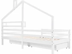 Cama de 90 x 200 cm con 2 cajones y estante de almacenamiento, somier de láminas, color^Merax Hot