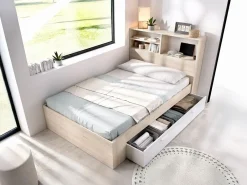 Vente-unique Cama de 120 x 190 cm con almacenaje en color natural y blanco - VARDIEL Color natural claro / Blanco Hot