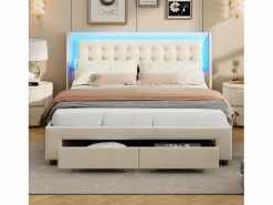 Cama de 140 x 190 cm con iluminación LED - Cama doble con canapé hidráulico y 2 cajones - Terciopelo - Beige Blanco roto New