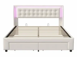 Cama de 140 x 190 cm con iluminación LED - Cama doble con canapé hidráulico y 2 cajones - Terciopelo - Beige Blanco roto New
