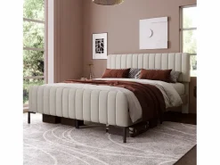 Cama de adulto tapizada en tejido de lino - 160x200 cm - con cabecero regulable y somier de láminas -^ModernLuxe Discount