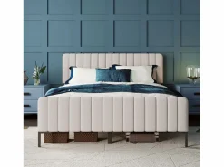 Cama de adulto tapizada en tejido de lino - 160x200 cm - con cabecero regulable y somier de láminas -^ModernLuxe Discount