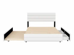 Cama de adulto 140x200 cm en tejido de lino - con cama nido 90x190 cm y 2 cajones - cabecero regulable -^ModernLuxe Best