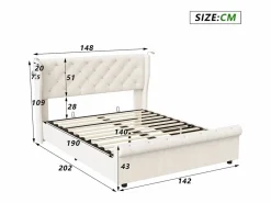 Cama Terciopelo|Cama Con Canapé|Cama de aire de 140 cm x 190 cm con almacenaje, lámpara de noche y toma de corriente, terciopelo