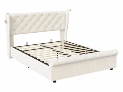 Cama Terciopelo|Cama Con Canapé|Cama de aire de 140 cm x 190 cm con almacenaje, lámpara de noche y toma de corriente, terciopelo