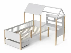 Cama de cabina 90 x 200 cm con escritorio y estante en forma de L - Cajón con ruedas - Madera sólida y MDF - White^DripeX Hot