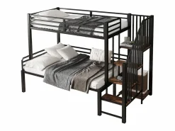 Cama Litera|Cama de hierro, litera esquinera para niños y adolescentes, con escalera y almacenaje. Material: hierro + MDF.Tamaños: 90x200cm y 120x200cm.