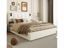 Cama de matrimonio 160 x 200 cm - Cabecero con luz de lectura - Compartimento hidráulico y somier de láminas - Terciopelo -^ Discount