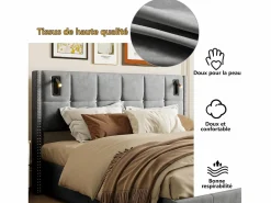 Cama de matrimonio 140 x 200 cm - Cabecero con luz de lectura - Compartimento hidráulico y somier de láminas - Terciopelo - Gris Hot