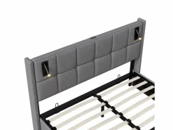 Cama de matrimonio 140 x 200 cm - Cabecero con luz de lectura - Compartimento hidráulico y somier de láminas - Terciopelo - Gris Hot