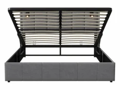 Cama de matrimonio 140 x 200 cm - Cabecero con luz de lectura - Compartimento hidráulico y somier de láminas - Terciopelo - Gris Hot