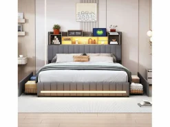 Cama de matrimonio tapizada con somier de láminas y 4 cajones, 140x190 cm, con LED y USB, color lino y . Gris Sale