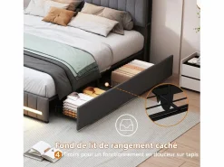 Cama de matrimonio tapizada con somier de láminas y 4 cajones, 140x190 cm, con LED y USB, color lino y . Gris Sale