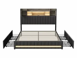 Cama de matrimonio tapizada con somier de láminas y 4 cajones, 140x190 cm, con LED y USB, color lino y . Gris Sale